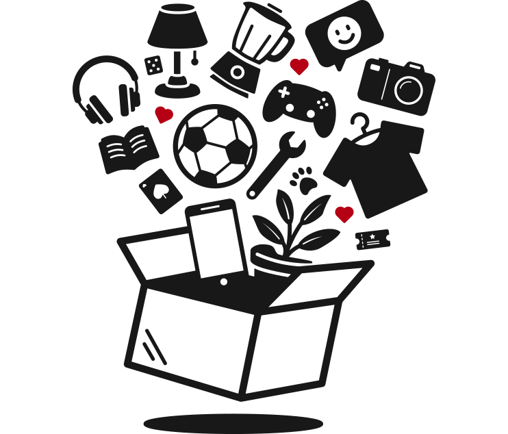 Zeichnung eines Kartons, in dem viele Alltagsgegenstände enthalten sind